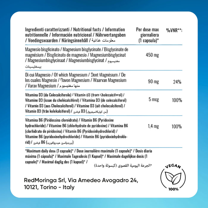 Tabel: magnesiumbisglycinaat 450 mg (Mg 90 mg), D3 5 µg, B6 1,4 mg per capsule