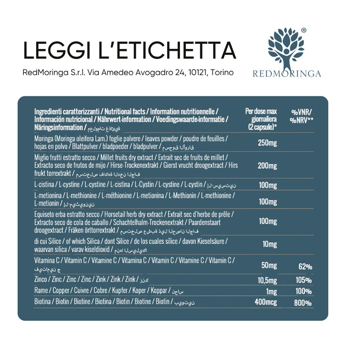 Etichetta Moringa Equiseto e Miglio RedMoringa: moringa, miglio, cistina, metionina, equiseto, zinco e biotina per 2 capsule