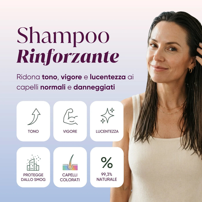 Infografica Shampoo Rinforzante alla Moringa: tono, vigore e lucentezza per capelli normali e danneggiati, 99,3% naturale