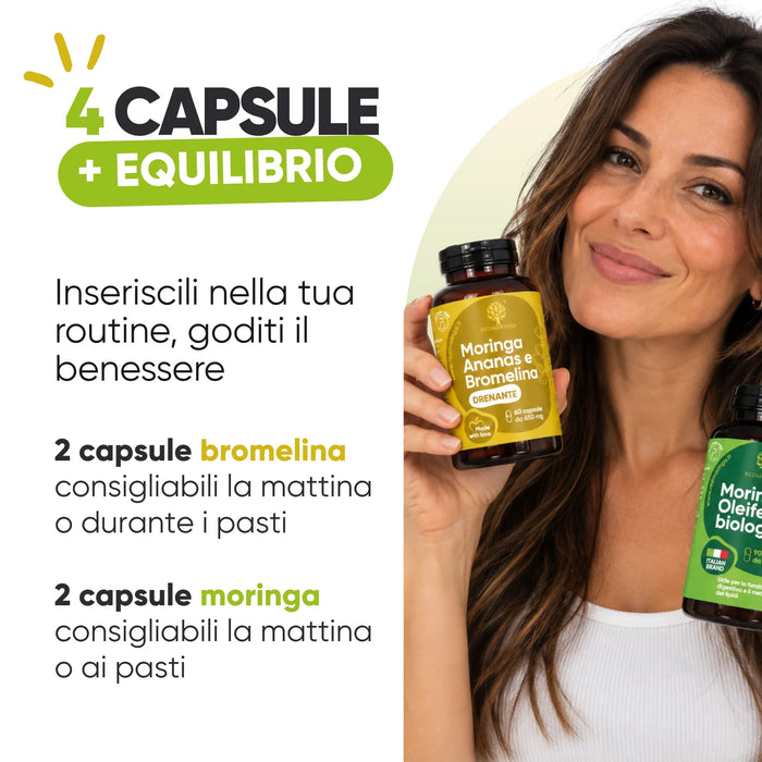 Zo gebruik je het: 2 capsules Bromelaïne en 2 Moringa, 's ochtends of bij de maaltijden