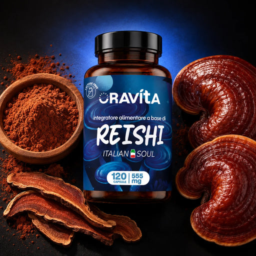 Fles Reishi Oravita 120 capsules met verse reishi, gedroogde plakjes en poeder, extract gestandaardiseerd op 30%
