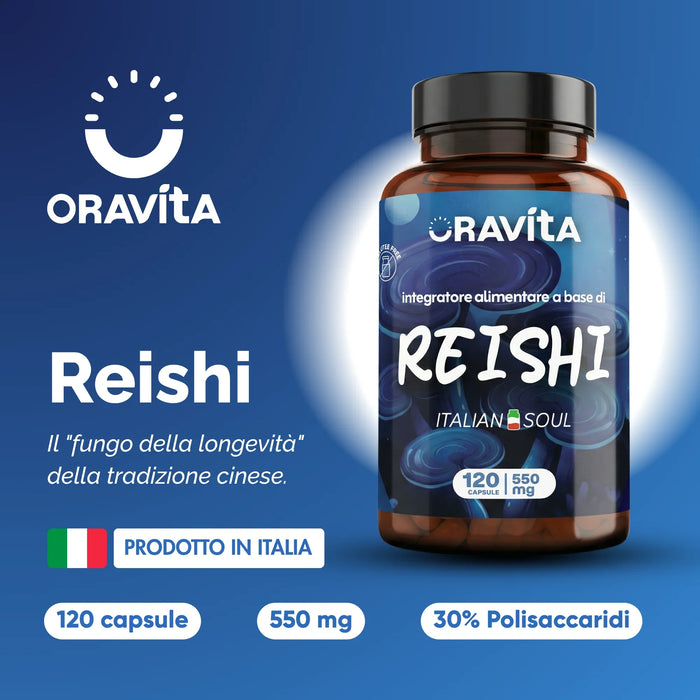 Reishi Oravita geproduceerd in Italië: 120 capsules van 550 mg, 30% polysacchariden