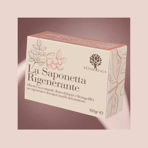 Verpakking van de Regenererende Zeep RedMoringa van 100 g met kokosolie, sheaboter en biologische Moringa