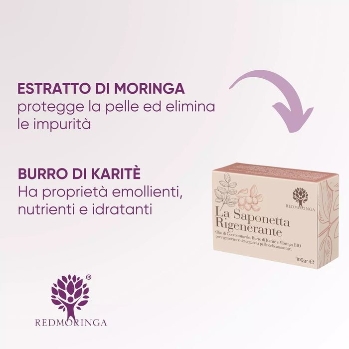 Saponetta Rigenerante RedMoringa con gli attivi: estratto di Moringa e burro di karité emolliente e nutriente