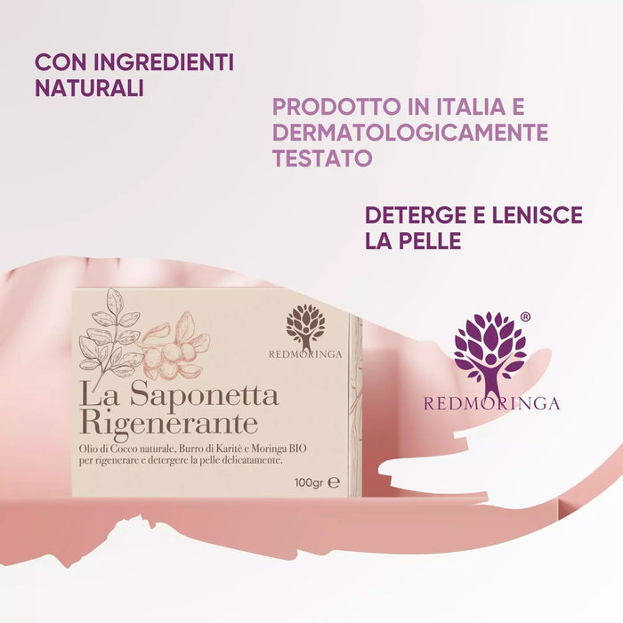 Saponetta Rigenerante RedMoringa con ingredienti naturali, prodotta in Italia e dermatologicamente testata, deterge e lenisce