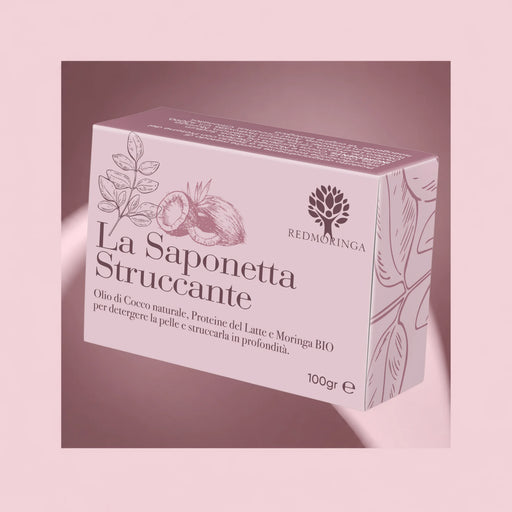RedMoringa make-up remover zeep met kokosolie, melkproteïnen en biologische Moringa, 100 g op roze achtergrond