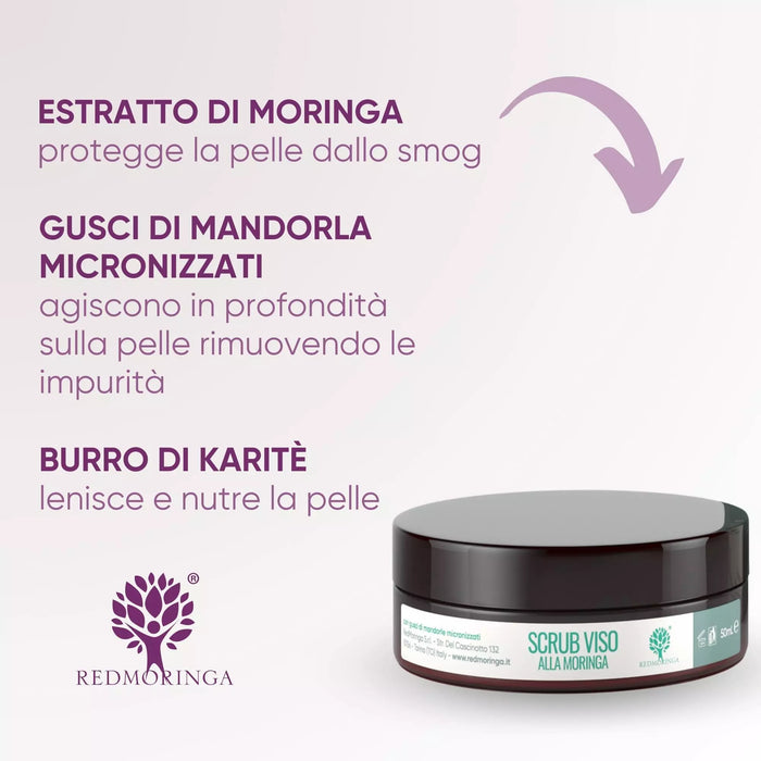 Ingrediënten van de gezichtsscrub met Moringa: Moringa-extract, gemicroniseerde amandelschillen en sheaboter