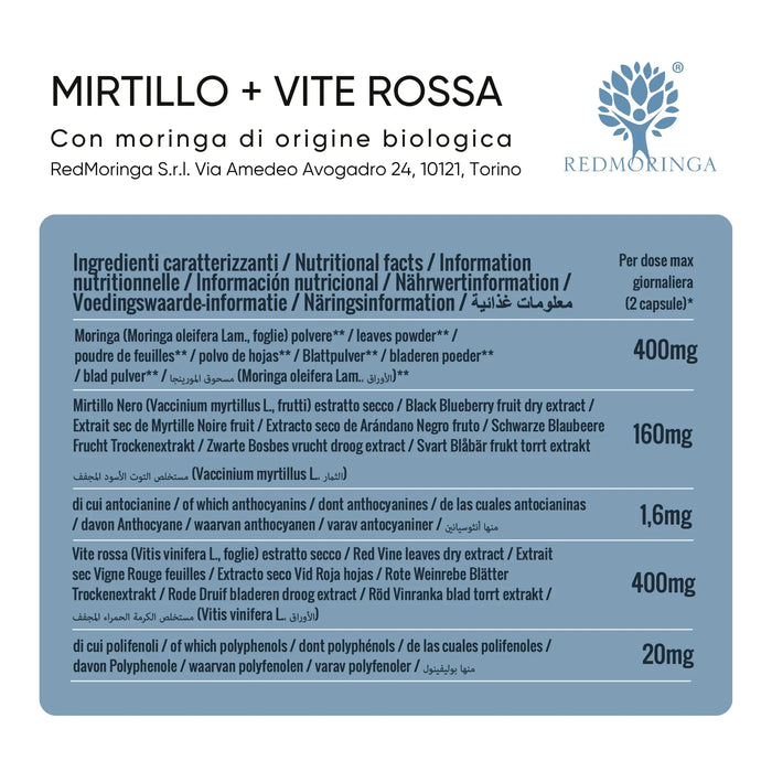 Ingredienti caratterizzanti dell'integratore con mirtillo e vite rossa
