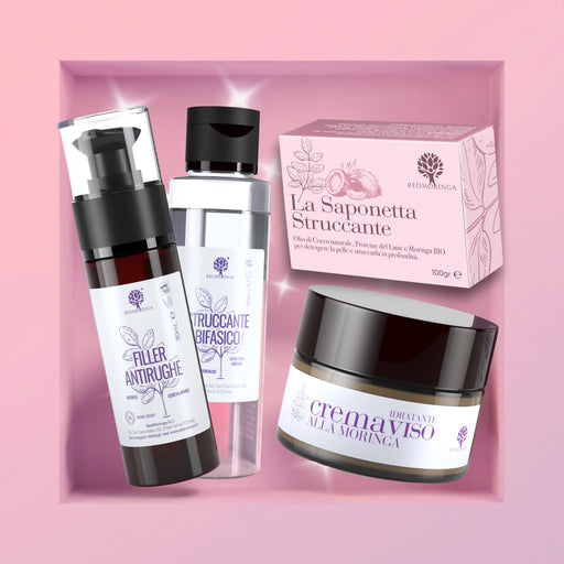Cadeauset Moringa Beauty: Anti-Rimpel Filler serum, Tweefasige Make-up Remover, Make-up Remover Zeep en gezichtscrème