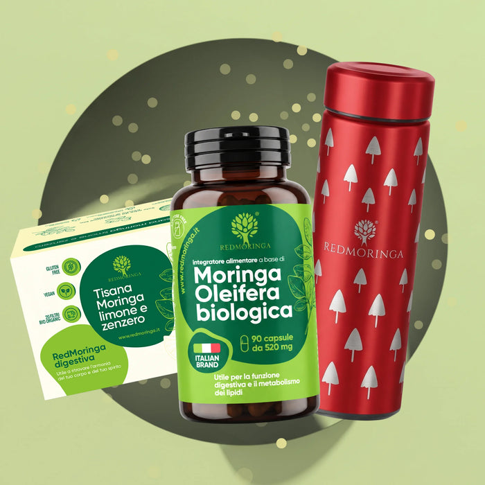 Cadeauset Moringa Wellness RedMoringa: citroen-gemberthee, biologische Moringa Oleifera capsules en rode thermosfles