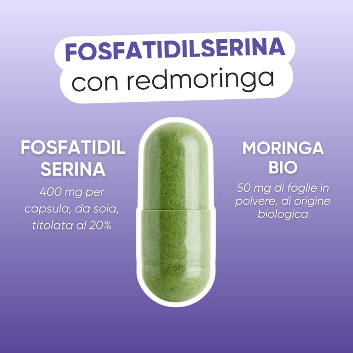 Capsule met 400 mg fosfatidylserine uit soja en 50 mg biologische Moringa