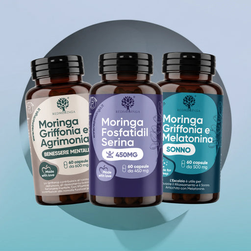 Set Ontspanning & Slaap: capsules Moringa Griffonia, Moringa Fosfatidylserine en Moringa Melatonine