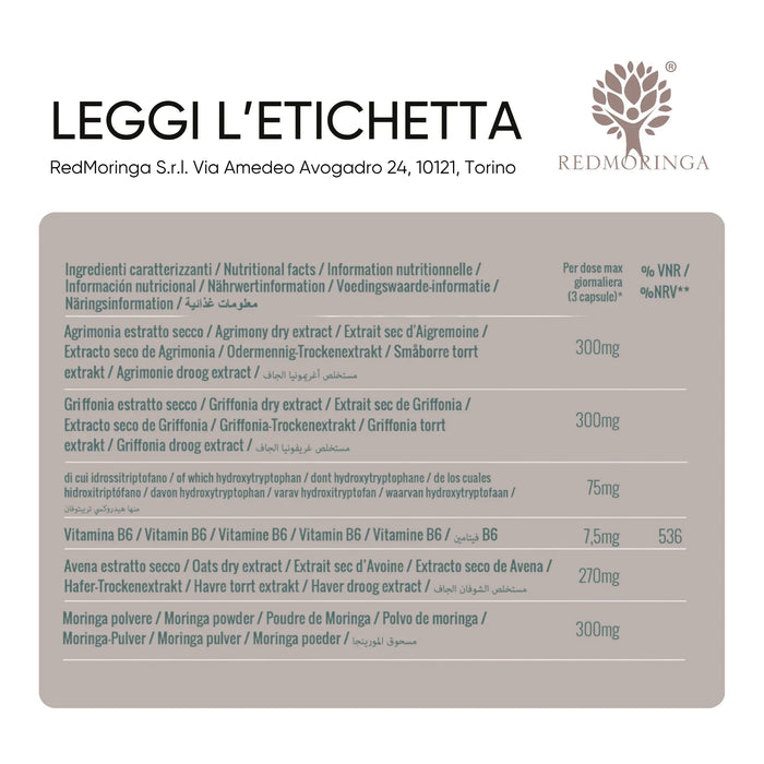 Ingrediëntentabel: Agrimonie, Griffonia, vitamine B6, Haver, Moringa