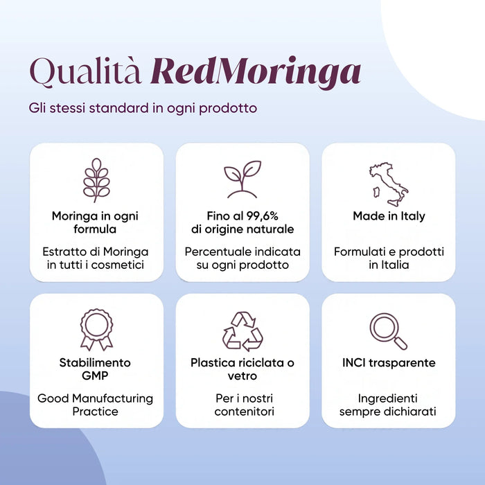 RedMoringa-kwaliteit: Moringa in elke formule, Made in Italy, GMP, gerecyclede verpakkingen, transparante INCI