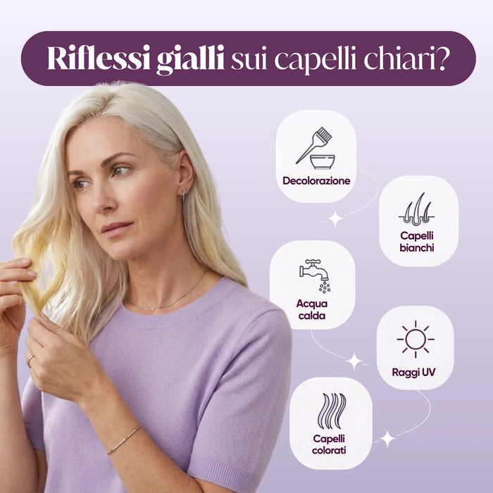 Gele gloed in licht haar: bleken, wit haar, warm water, uv-stralen, gekleurd haar
