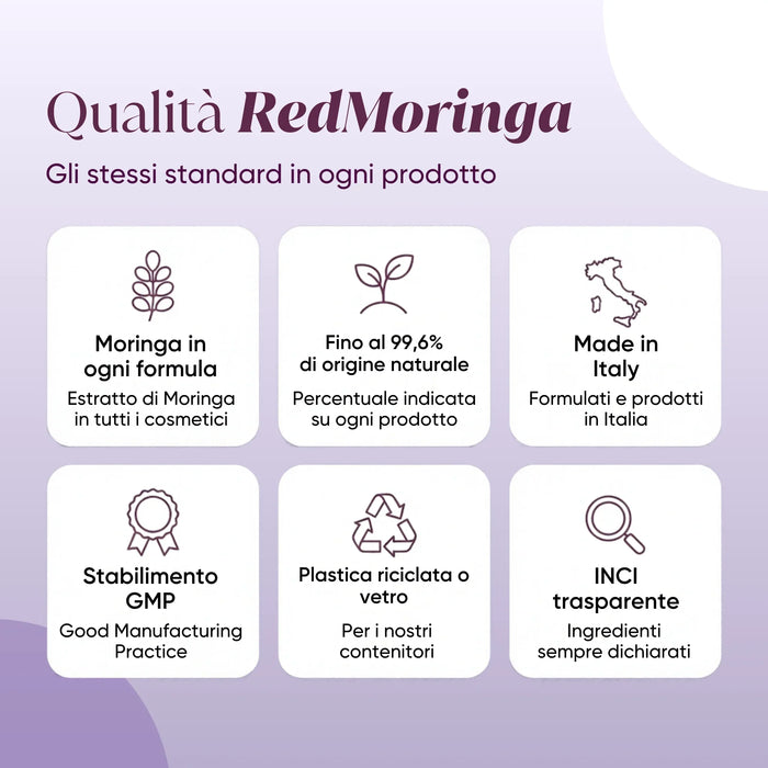 RedMoringa-kwaliteit: Moringa in elke formule, Made in Italy, GMP, gerecyclede verpakkingen, transparante INCI