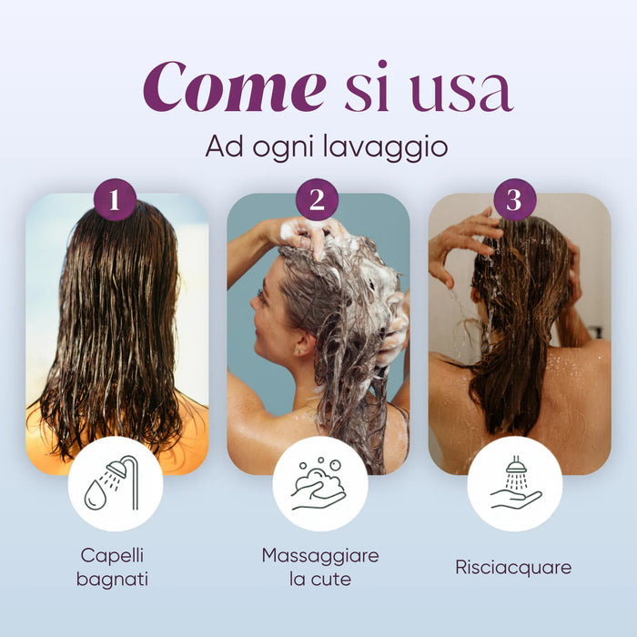 Zo gebruik je de shampoo: nat haar, hoofdhuid masseren, uitspoelen