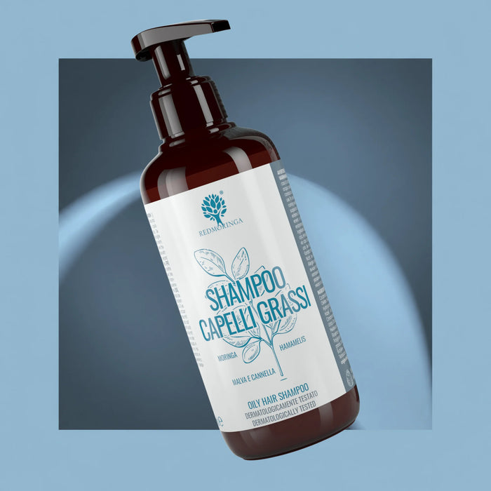 Pompfles RedMoringa Shampoo Vet Haar, 250 ml, moringa shampoo met toverhazelaar, kaasjeskruid en kaneel