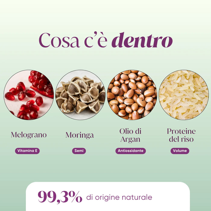 Ingrediënten van de shampoo: granaatappel, moringa, arganolie, rijstproteïnen, 99,3% van natuurlijke oorsprong