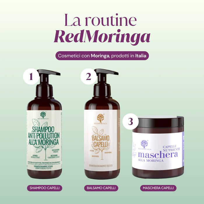 RedMoringa haarroutine: shampoo, conditioner en masker met Moringa, geproduceerd in Italië