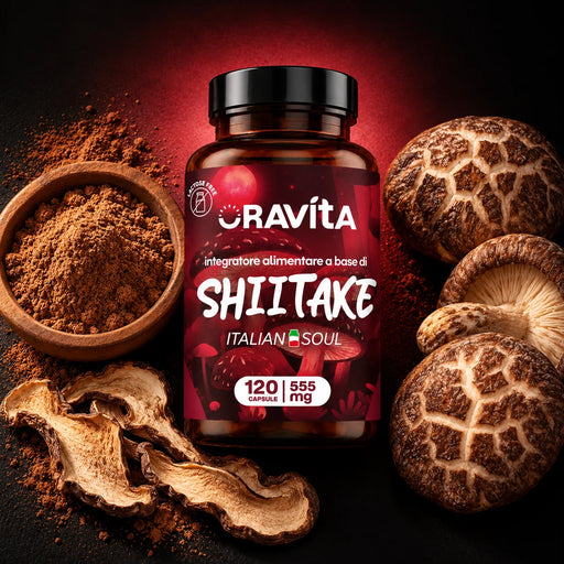 Fles Shiitake Oravita tussen verse shiitake, gedroogde plakjes en poeder, gestandaardiseerd extract, 120 capsules