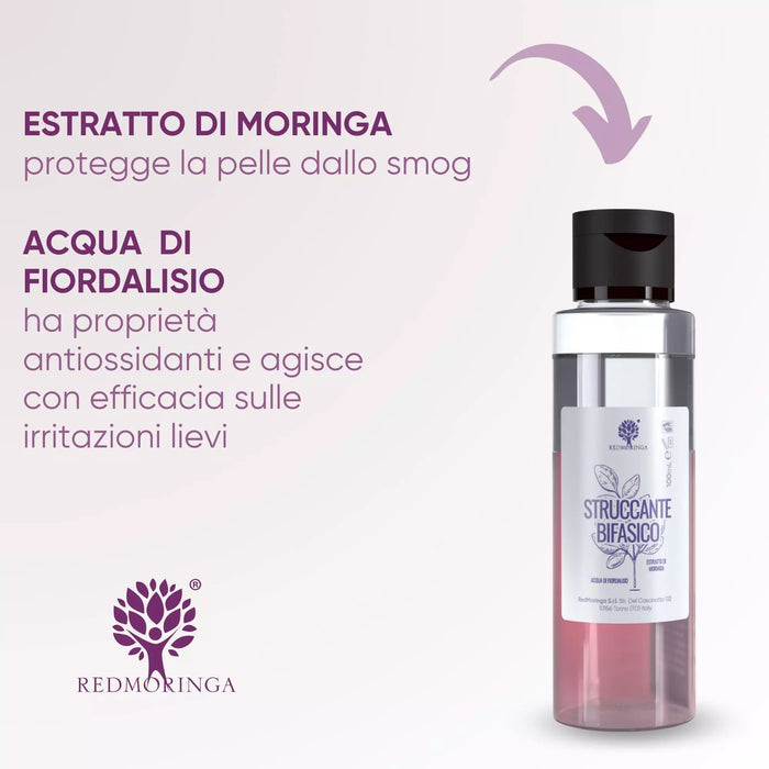 Fles van de RedMoringa tweefasige make-up remover met de actieve stoffen: Moringa-extract en antioxidant korenbloemwater