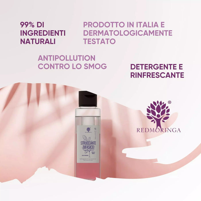 99% natuurlijke tweefasige make-up remover, gemaakt in Italië en dermatologisch getest: reinigt en verfrist de huid