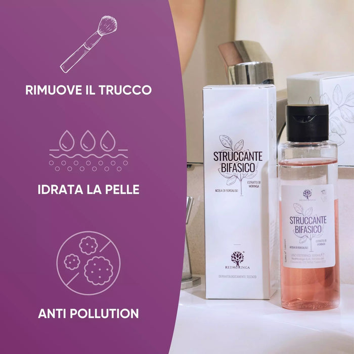 Tweefasige make-up remover met doosje op de wastafel: verwijdert make-up, hydrateert de huid, anti-pollution