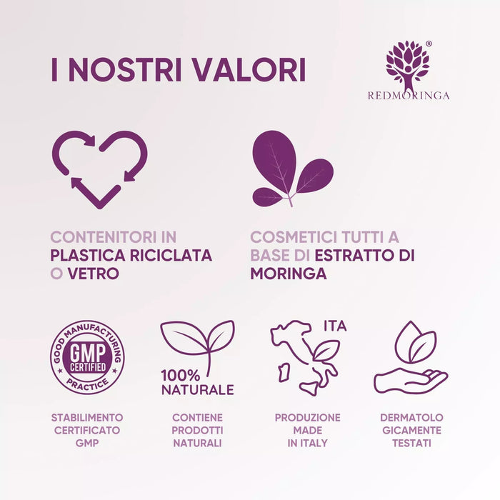 RedMoringa-waarden: gerecycled plastic of glas, Moringa-extract, GMP, made in Italy, dermatologisch getest