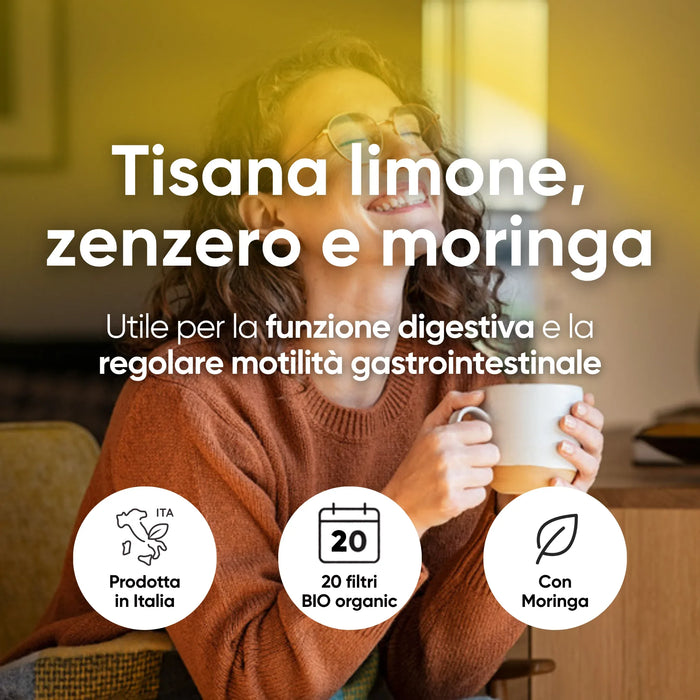 Kruidenthee citroen, gember en moringa ter ondersteuning van de spijsvertering, 20 bio zakjes, gemaakt in Italië