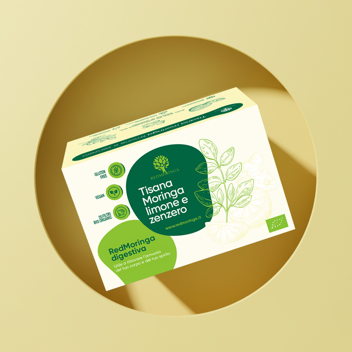 Confezione della Tisana Moringa, limone e zenzero RedMoringa, 20 filtri biologici, su fondo giallo
