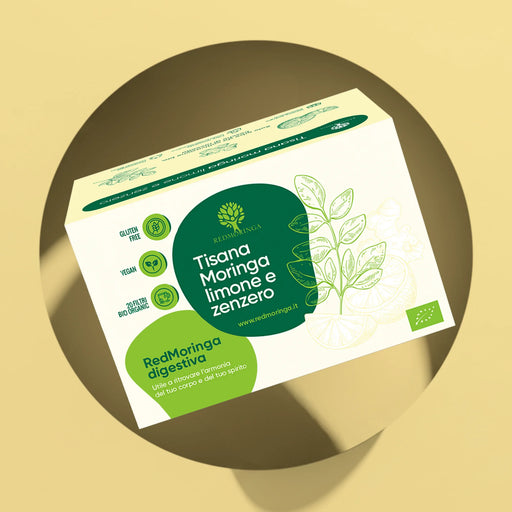 Verpakking kruidenthee moringa, gember en citroen RedMoringa, 20 biologische zakjes, spijsvertering, gele achtergrond
