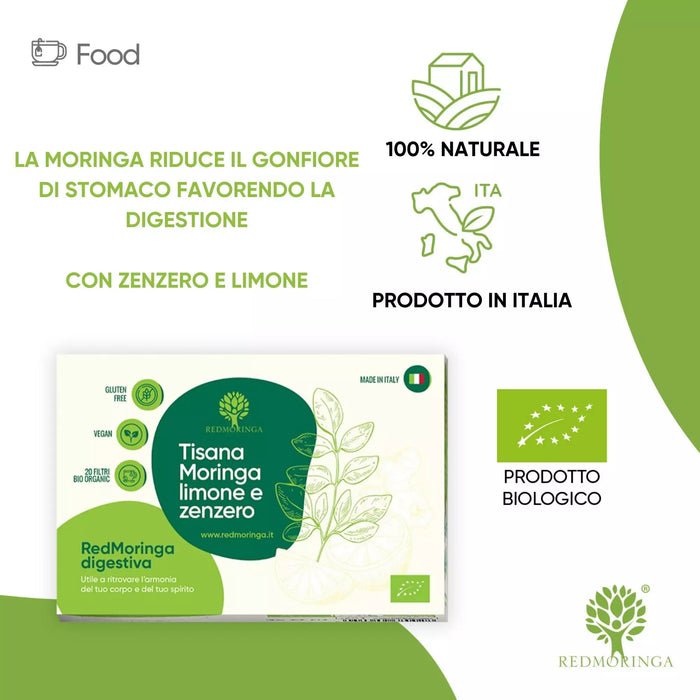 Tisana Moringa, limone e zenzero RedMoringa: 100% naturale, biologica e prodotta in Italia, per favorire la digestione