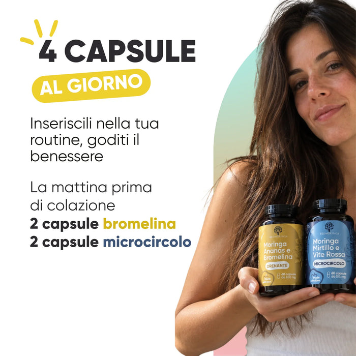 Zo gebruik je het: 's ochtends vóór het ontbijt 2 capsules bromelaïne en 2 capsules microcirculatie