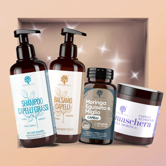 Set capelli IN&OUT RedMoringa per capelli grassi: shampoo con malva e hamamelis, balsamo, maschera e capsule