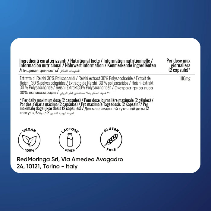 Etiket Reishi Oravita: extract 30% polysachariden, 1110 mg per 2 capsules