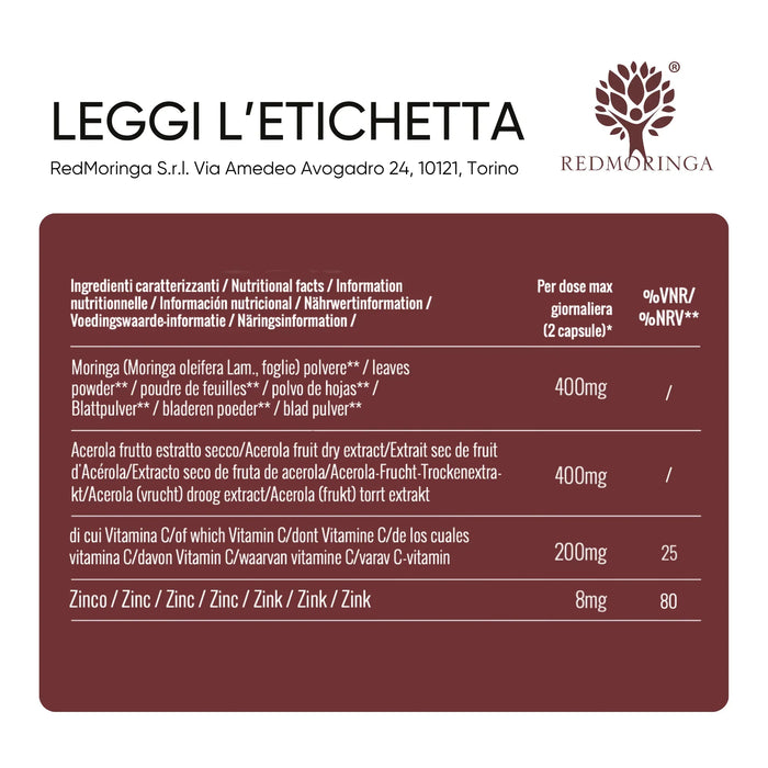 Ingrediëntentabel: Moringa, Acerola, zink