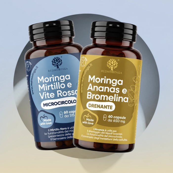 Drainerende behandeling RedMoringa: flessen Microcirculatie (Bosbes, Rode Wijnstok) en Drainerend (Ananas, Bromelaïne)