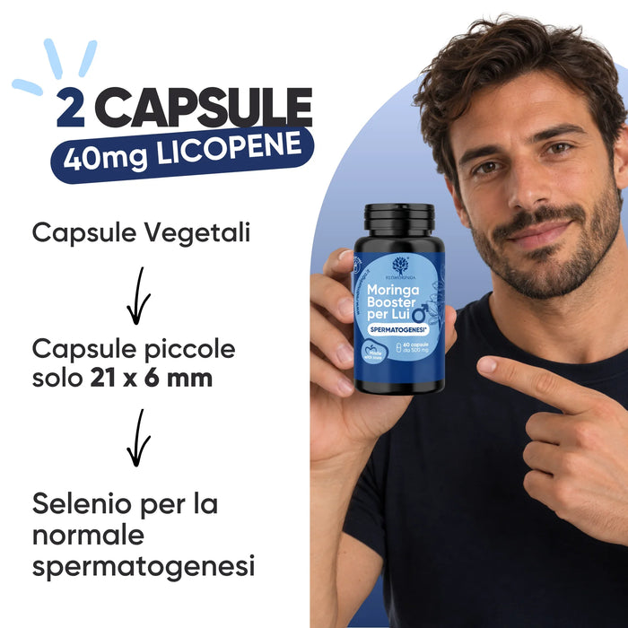 Voor hem: 2 plantaardige capsules met 40 mg lycopeen, selenium voor een normale spermatogenese