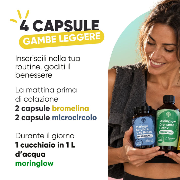 Gebruik: 2 capsules bromelaïne en 2 microcirculatie 's ochtends, 1 eetlepel Moringlow in 1 L water