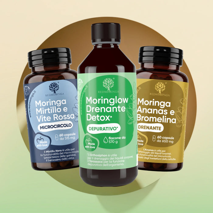 Behandeling Lichte Benen RedMoringa: Moringa Bosbes en Rode Wijnstok, Moringlow Drainerend en Moringa Ananas en Bromelaïne