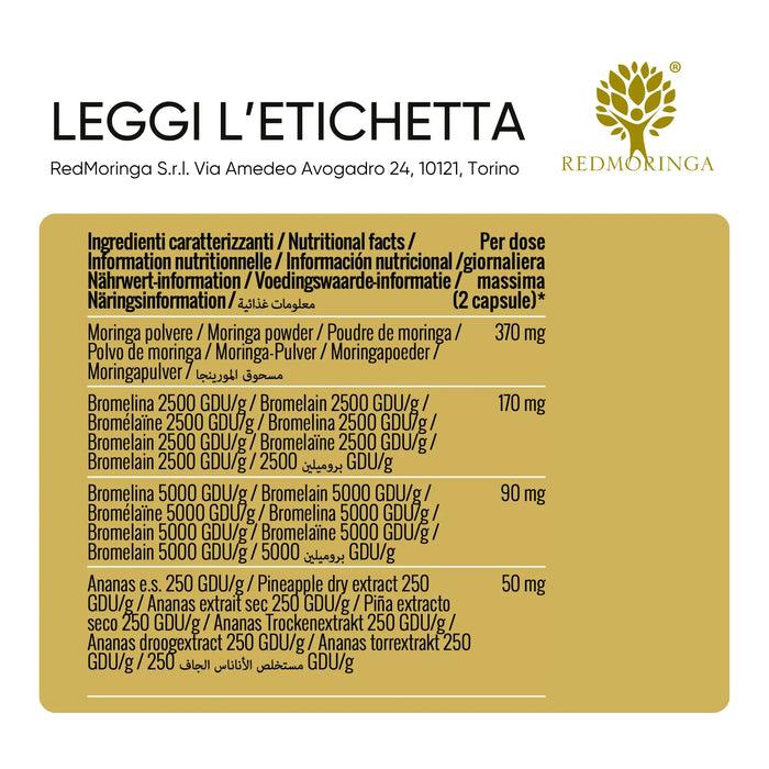 Ingrediëntentabel Bromelaïne: Moringa, Bromelaïne 2500 en 5000 GDU, Ananas