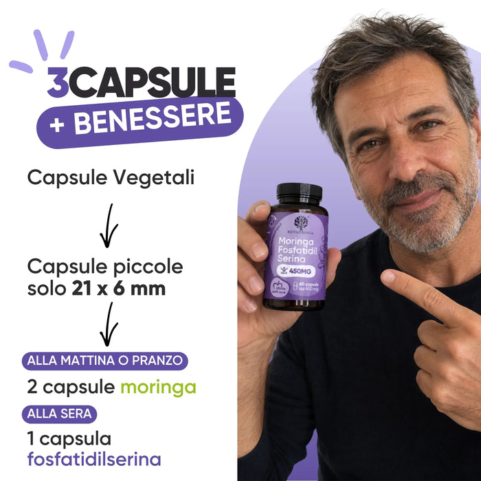 Hoe gebruik je het: 2 capsules Moringa 's ochtends of bij de lunch, 1 capsule Fosfatidylserine 's avonds
