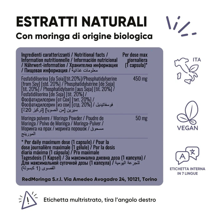 Etichetta dell'integratore Moringa Fosfatidilserina RedMoringa: 450 mg di fosfatidilserina da soia e 50 mg di Moringa