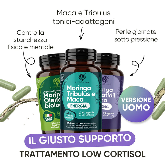 Set Low Cortisol versie man: Fosfatidylserine, Moringa, Maca en Tribulus