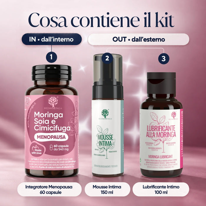 Wat zit er in de In&Out kit RedMoringa: overgangssupplement 60 capsules, intieme mousse 150 ml en intiem glijmiddel 100 ml