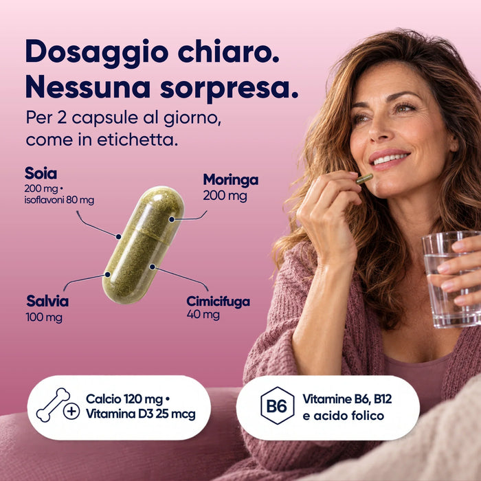 Dosering per 2 capsules van het overgangssupplement RedMoringa: soja, Moringa, salie, zilverkaars, calcium en vitaminen