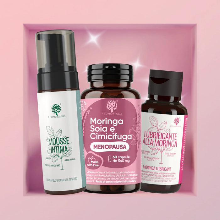 Behandeling Overgang In&Out RedMoringa: supplement Moringa Soja en Zilverkaars, intieme mousse en glijmiddel met moringa