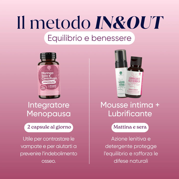 De In&Out methode RedMoringa: overgangssupplement 2 capsules per dag, intieme mousse en glijmiddel 's ochtends en 's avonds