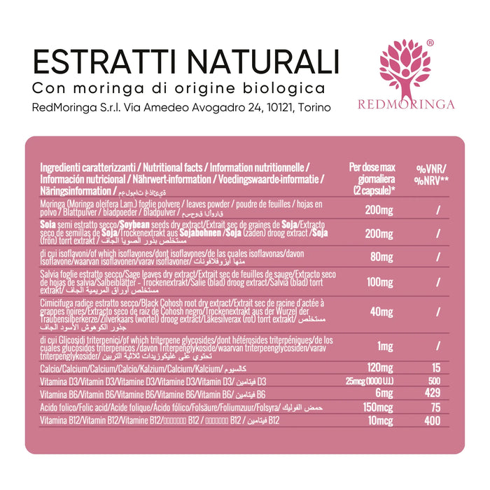 Ingrediëntentabel overgangssupplement RedMoringa per 2 capsules: Moringa, soja, salie, zilverkaars, calcium en vitaminen